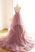 Dark Pink V-Neck Tulle Lace Formal Prom Dresses,Spaghetti Strap Formal Prom Dresses,Ruffle A Line Formal Dresses