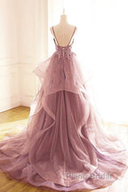 Dark Pink V-Neck Tulle Lace Formal Prom Dresses,Spaghetti Strap Formal Prom Dresses,Ruffle A Line Formal Dresses