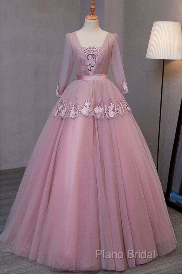 Dark Pink V-Neckline Ball Gown Lace Applique Sweet 16 Dresses, Pink Formal Prom Dresses Party Dresses