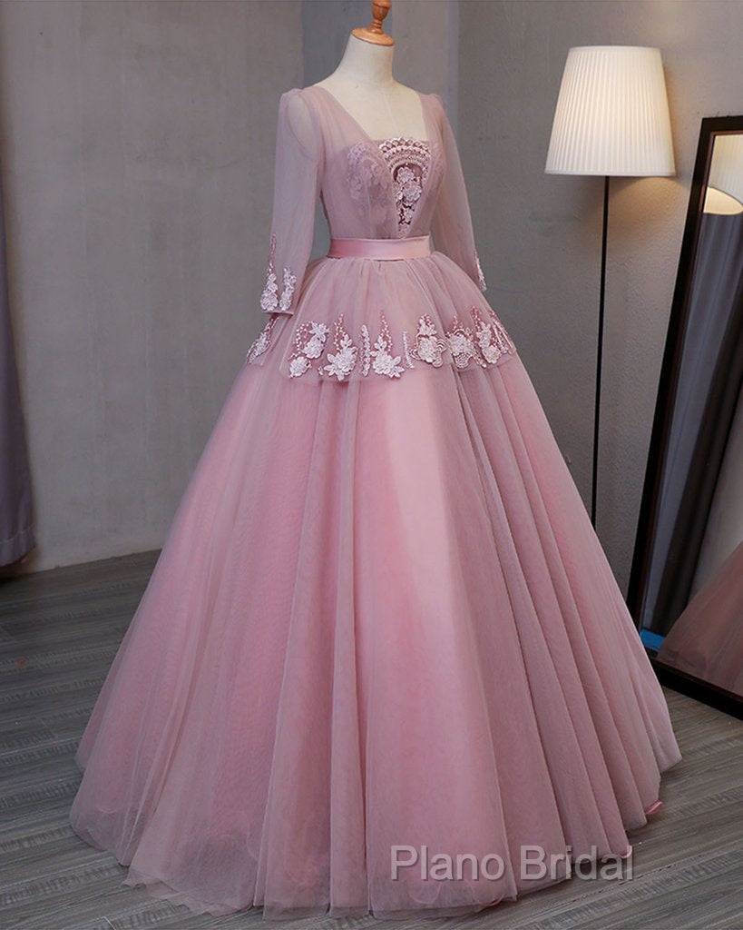 Dark Pink V-Neckline Ball Gown Lace Applique Sweet 16 Dresses, Pink Formal Prom Dresses Party Dresses