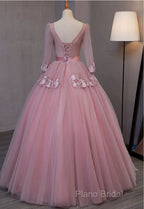 Dark Pink V-Neckline Ball Gown Lace Applique Sweet 16 Dresses, Pink Formal Prom Dresses Party Dresses