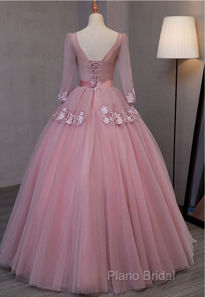 Dark Pink V-Neckline Ball Gown Lace Applique Sweet 16 Dresses, Pink Formal Prom Dresses Party Dresses