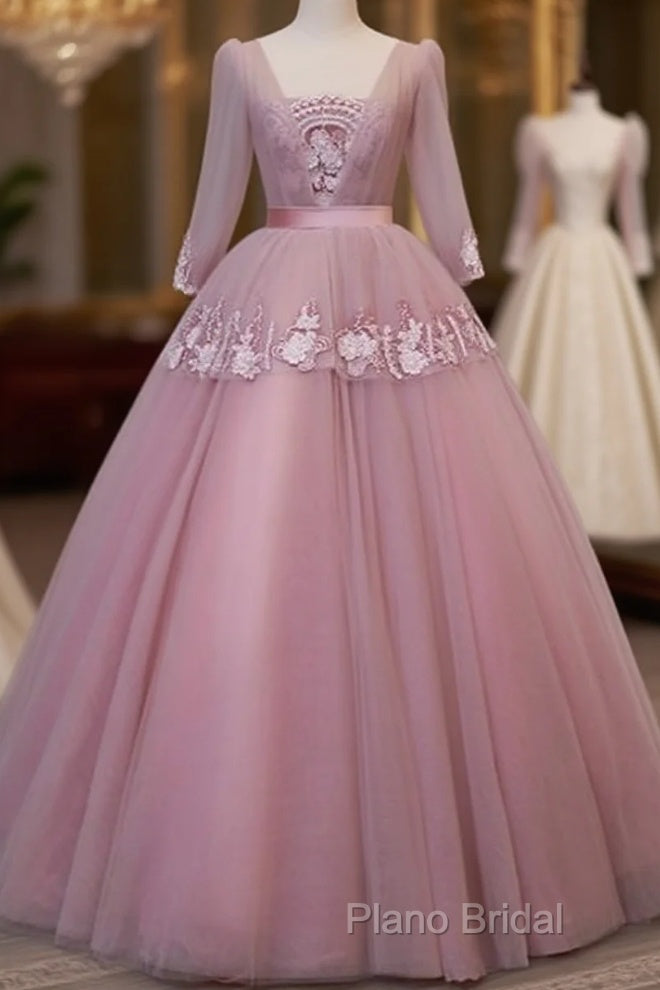 Dark Pink V-Neckline Ball Gown Lace Applique Sweet 16 Dresses, Pink Formal Prom Dresses Party Dresses Main image