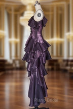 Dark Purple Asymmetrical Layered Flounce Spaghetti Strap Dresses Evening Gown