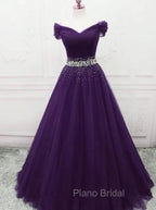Dark Purple Beaded Tulle Off Shoulder Party Dresses Purple Junior Formal Prom Dresses Formal Prom Dresses shops