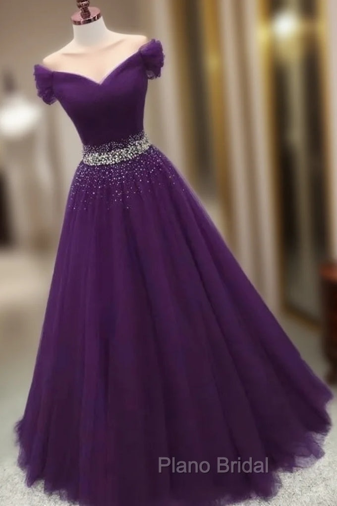 Dark Purple Beaded Tulle Off Shoulder Party Dresses Purple Junior Formal Prom Dresses Formal Prom Dresses shops Main image
