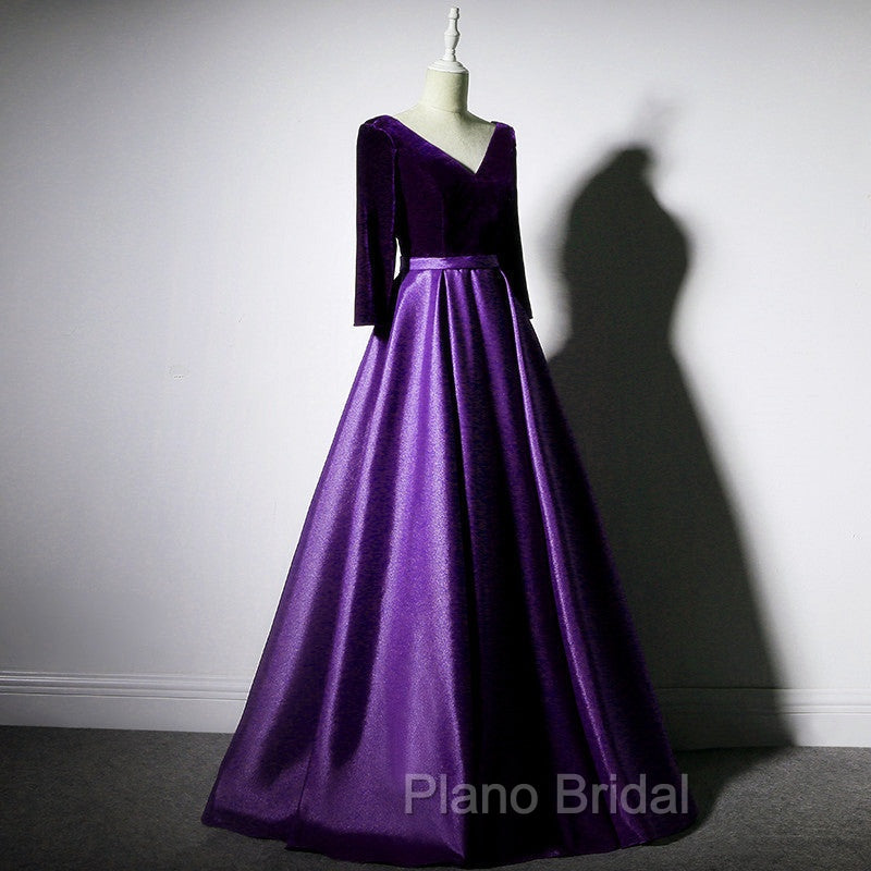 Dark Purple Long Sleeves V-neckline Velvet and satin Long Party Dresses, Long Evening Dresses Formal Prom Dresses