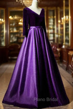 Dark Purple Long Sleeves V-neckline Velvet and satin Long Party Dresses, Long Evening Dresses Formal Prom Dresses