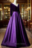 Dark Purple Long Sleeves V-neckline Velvet and satin Long Party Dresses, Long Evening Dresses Formal Prom Dresses