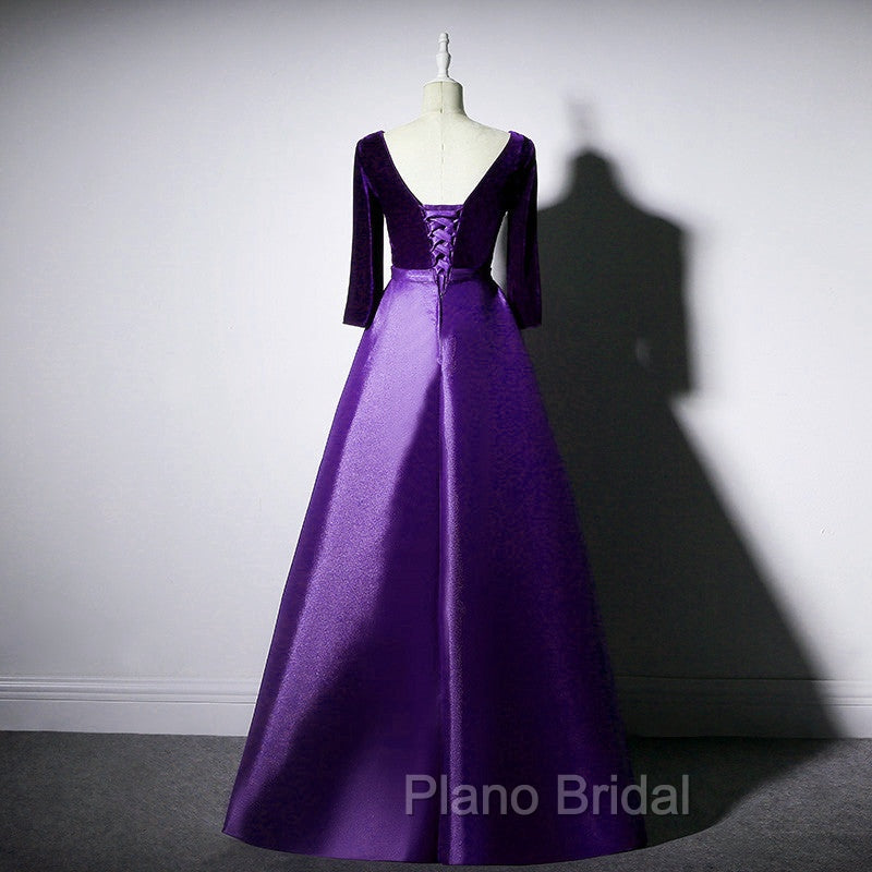 Dark Purple Long Sleeves V-neckline Velvet and satin Long Party Dresses, Long Evening Dresses Formal Prom Dresses