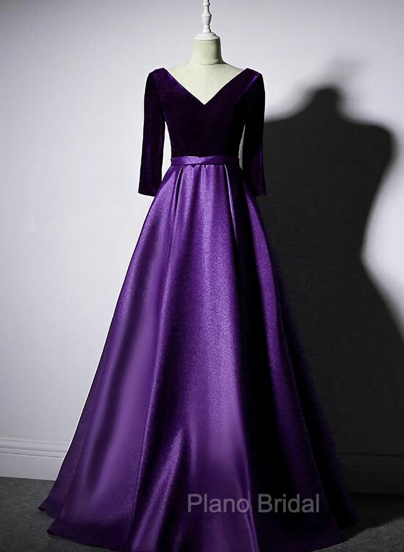 Dark Purple Long Sleeves V-neckline Velvet and satin Long Party Dresses, Long Evening Dresses Formal Prom Dresses Main image