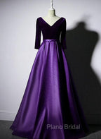 Dark Purple Long Sleeves V-neckline Velvet and satin Long Party Dresses, Long Evening Dresses Formal Prom Dresses