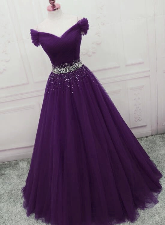 Dark Purple Tulle Long Formal Prom Dresses, Beautiful Junior Formal Prom Dresses Main image