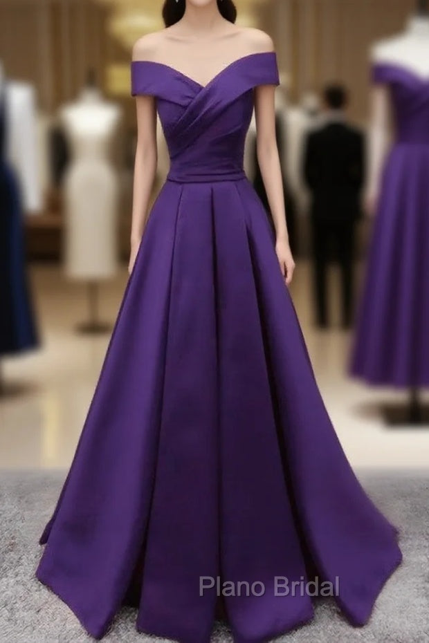 Dark Purple Off Shoulder Satin Long Formal Gown, Formal Prom Dresses Main image