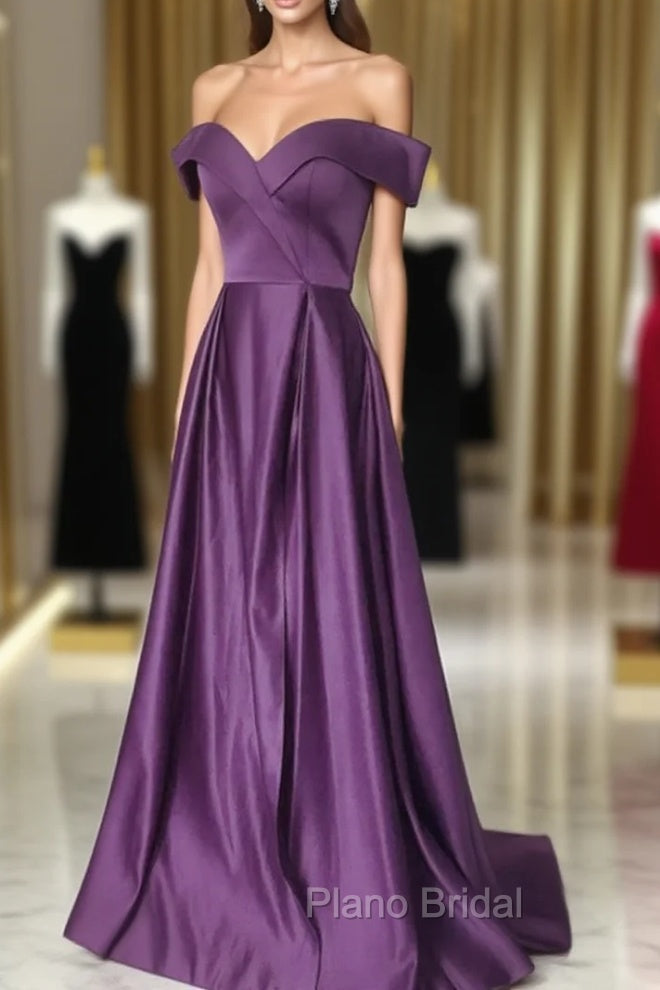 Dark Purple Satin Off Shoulder Long Formal Dresses, Purple Evening Dresses Formal Prom Dresses