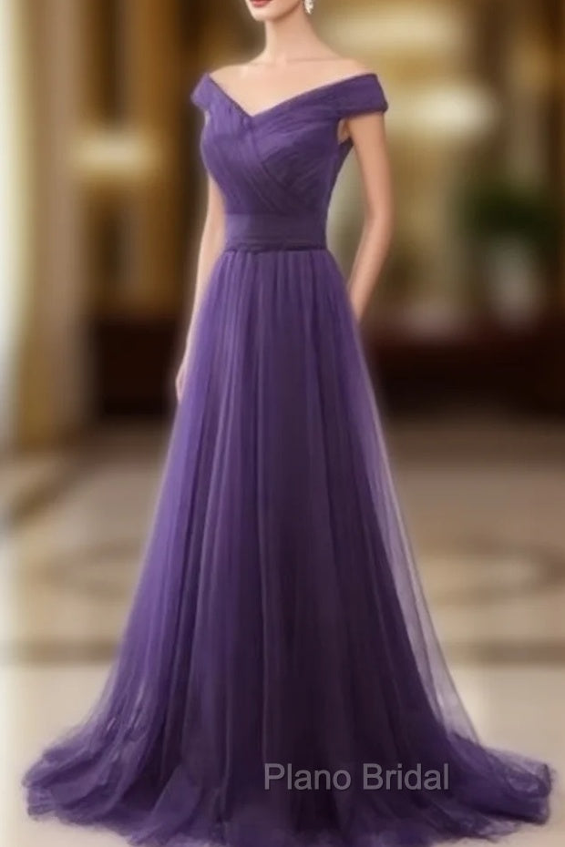 Dark Purple Sweetheart Tulle Off Shoulder Bridesmaid Dresses, Long Formal Prom Dresses Main image