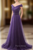 Dark Purple Sweetheart Tulle Off Shoulder Bridesmaid Dresses, Long Formal Prom Dresses