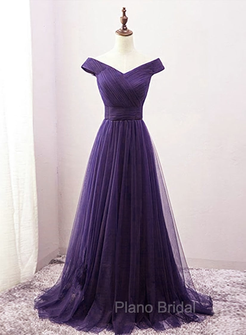 Dark Purple Sweetheart Tulle Off Shoulder Bridesmaid Dresses, Long Formal Prom Dresses Secondary image