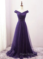 Dark Purple Sweetheart Tulle Off Shoulder Bridesmaid Dresses, Long Formal Prom Dresses
