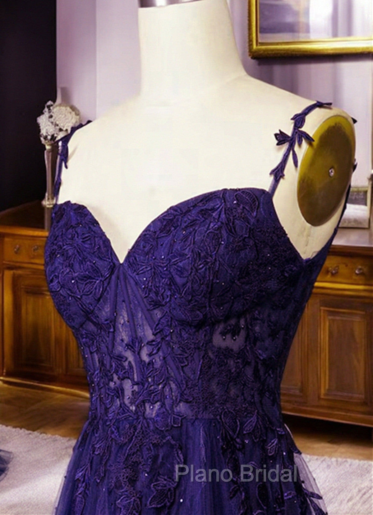 Dark Purple Sweetheart Tulle with Lace Straps Party Dresses, Dark Purple Formal Prom Dresses Secondary image