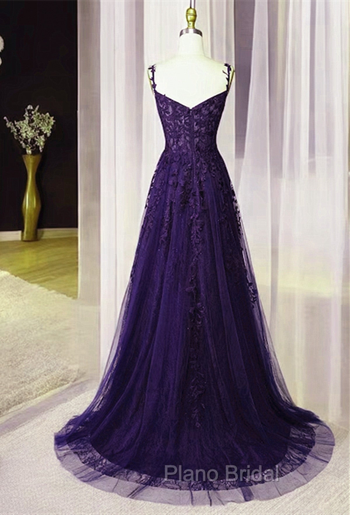 Dark Purple Sweetheart Tulle with Lace Straps Party Dresses, Dark Purple Formal Prom Dresses
