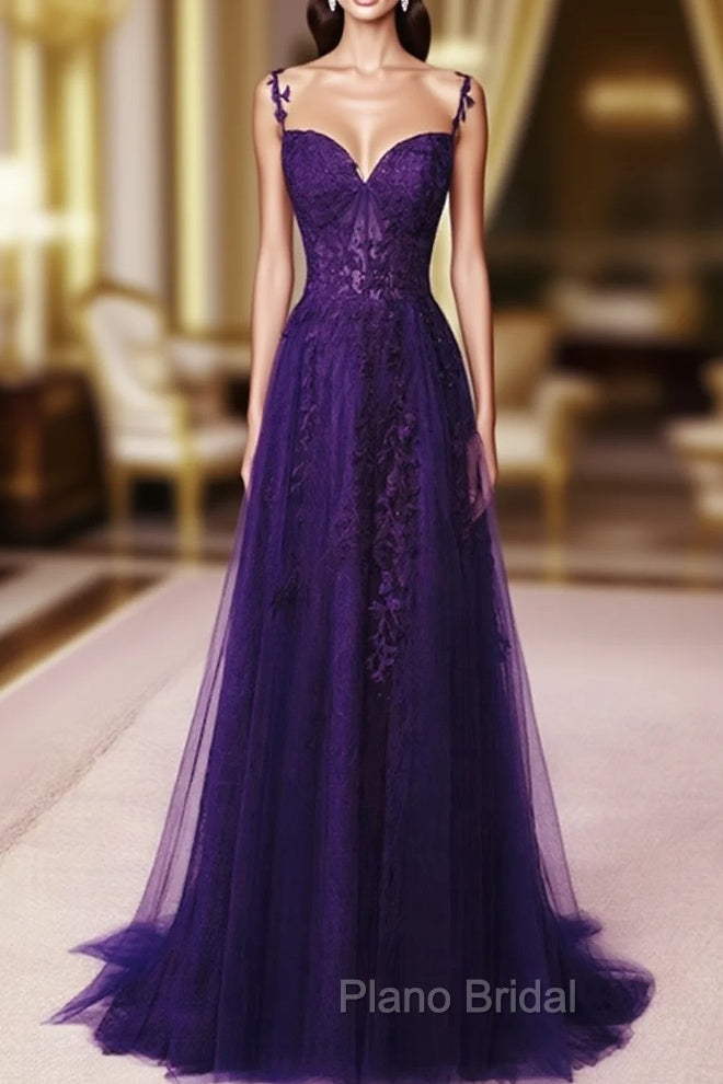 Dark Purple Sweetheart Tulle with Lace Straps Party Dresses, Dark Purple Formal Prom Dresses