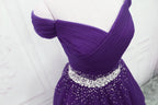 Dark Purple Tulle Beaded Off Shoulder Party Dresses, Purple A-Line Formal Prom Dresses