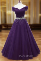 Dark Purple Tulle Long Formal Prom Dresses, Junior Formal Prom Dresses