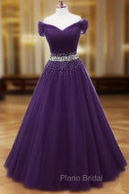 Dark Purple Tulle Long Formal Prom Dresses, Junior Formal Prom Dresses