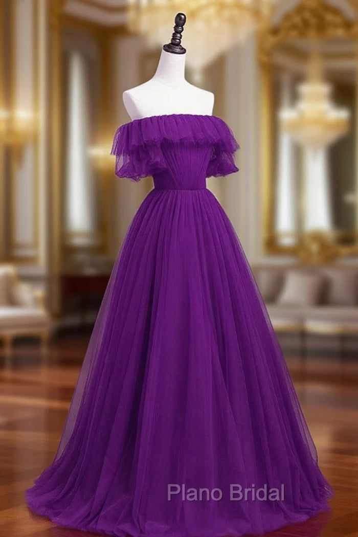 Dark Purple Tulle Off Shoulder Long Party Dresses, A-line Purple Formal Prom Dresses