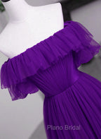 Dark Purple Tulle Off Shoulder Long Party Dresses, A-line Purple Formal Prom Dresses