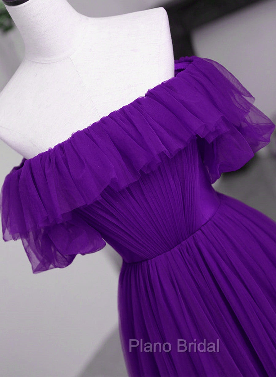 Dark Purple Tulle Off Shoulder Long Party Dresses, A-line Purple Formal Prom Dresses