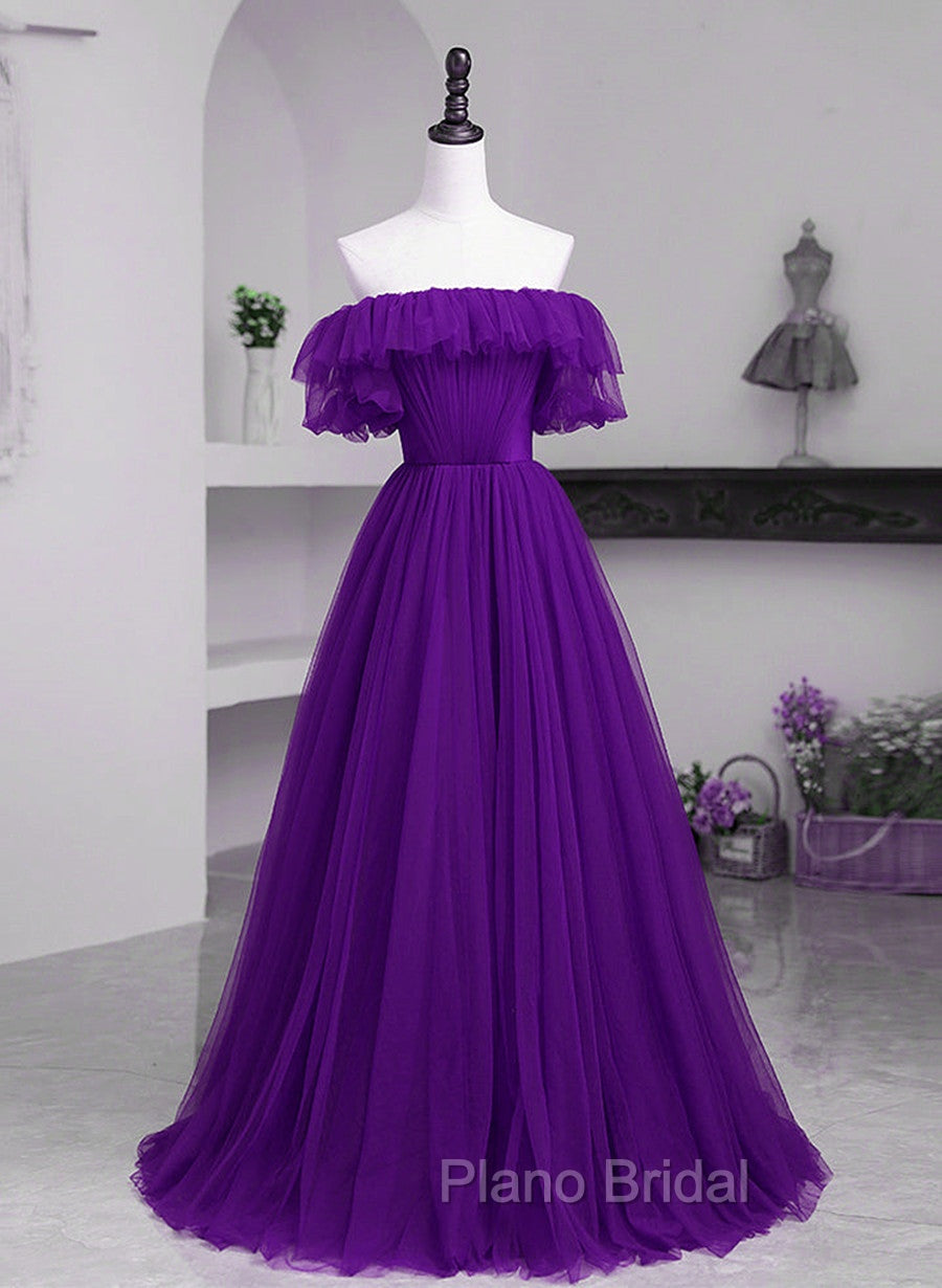 Dark Purple Tulle Off Shoulder Long Party Dresses, A-line Purple Formal Prom Dresses Secondary image