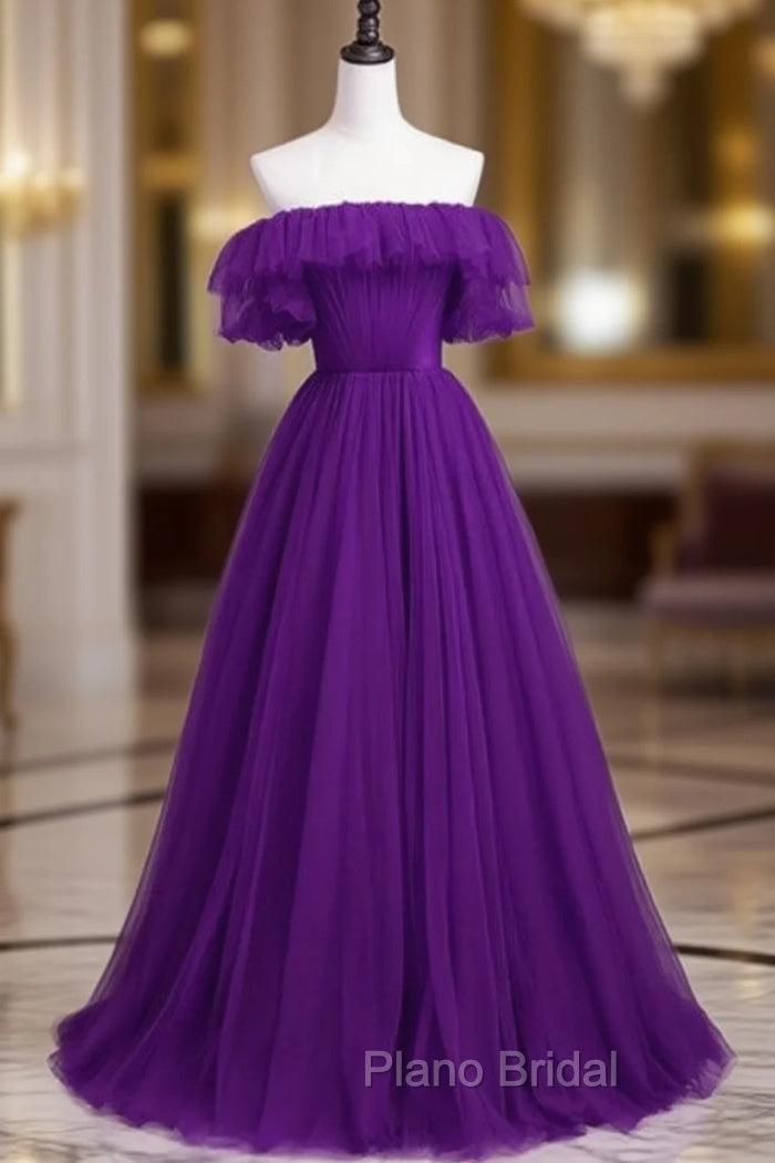 Dark Purple Tulle Off the Shoulder Pleats Formal Prom Dresses Main image