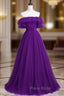 Dark Purple Tulle Off the Shoulder Pleats Formal Prom Dresses