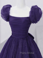 Dark Purple Tulle Scoop A-line Long Formal Dresses, Dark Purple Evening Dresses Formal Prom Dresses