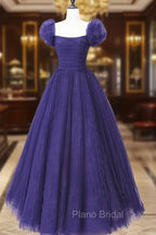 Dark Purple Tulle Scoop A-line Long Formal Dresses, Dark Purple Evening Dresses Formal Prom Dresses