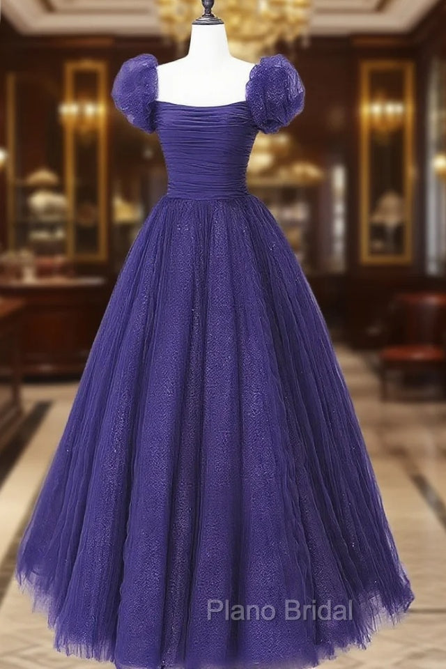 Dark Purple Tulle Scoop A-line Long Formal Dresses, Dark Purple Evening Dresses Formal Prom Dresses