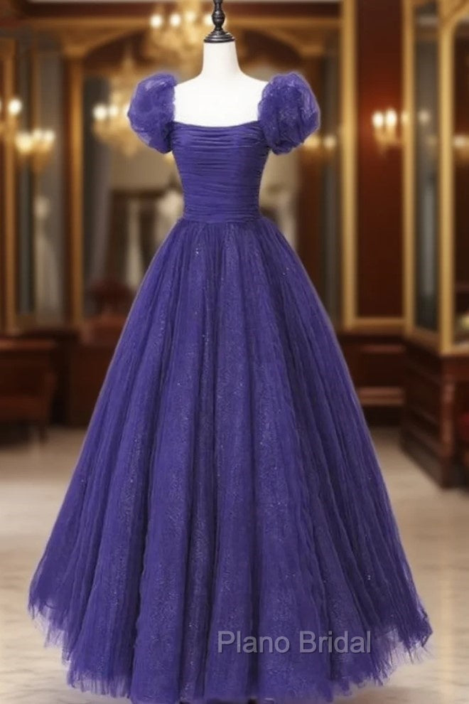 Dark Purple Tulle Sequins Puff Sleeve Pleats Formal Prom Dresses