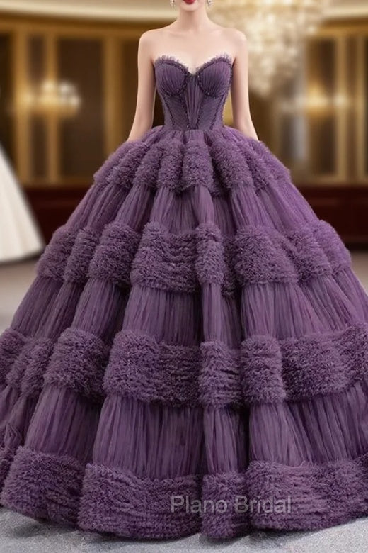 Dark Purple Tulle Sweetheart Pleats Beading Formal Prom Dresses Main image