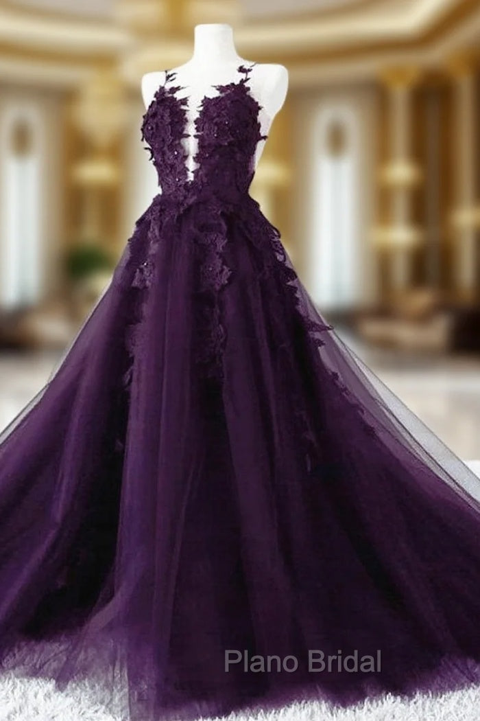Dark Purple Tulle with Lace Applique Formal Dresses, Purple Evening Dresses Main image