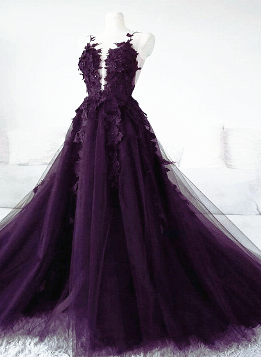 Dark Purple Tulle With Lace Applique Formal Dresses, Purple Formal Evening Dresses Main image