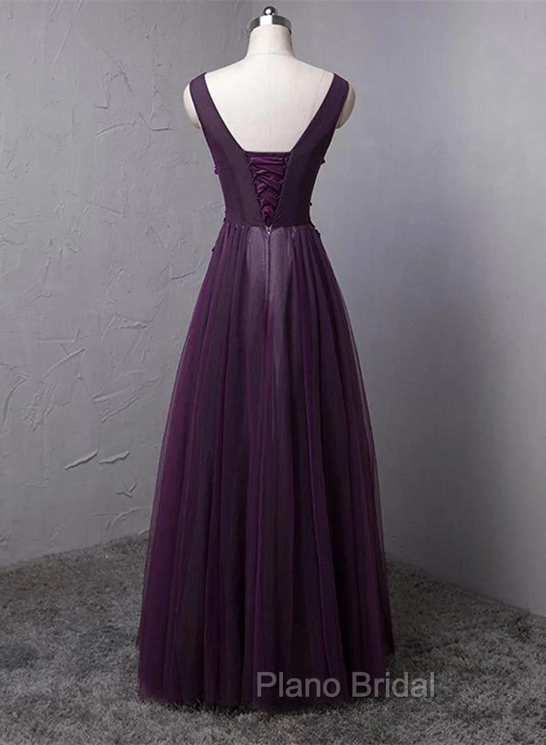 Dark Purple V-neckline Beaded Tulle Long Formal Dresses Purple Evening Dresses Formal Prom Dresses shops