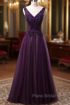Dark Purple V-neckline Beaded Tulle Long Formal Dresses, Purple Evening Dresses