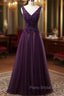 Dark Purple V-neckline Beaded Tulle Long Formal Dresses, Purple Evening Dresses