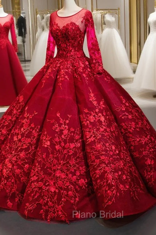 Dark Red Ball Gown Tulle Appliques Long Sleeve Backless Luxury Formal Prom Dresses