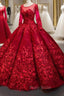 Dark Red Ball Gown Tulle Appliques Long Sleeve Backless Luxury Formal Prom Dresses