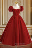 Dark Red Beaded Short Sleeves Tea Length Party Dresses, Dark Red Formal Dresses Formal Prom Dresses