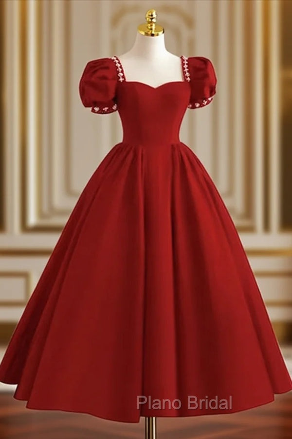 Dark Red Beaded Short Sleeves Tea Length Party Dresses, Dark Red Formal Dresses Formal Prom Dresses Main image
