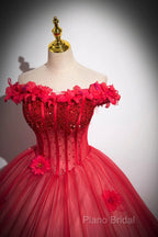 Dark Red Beading Formal Prom Dresses With Corset, Off The Shoulder Short Sleeve Floor-Length Party Dresses